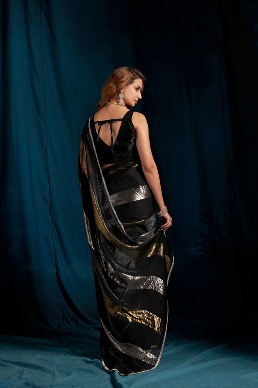 Luxury Black Satin Silk Foil Patta Heavy Hand Work Zircon Saree for Women