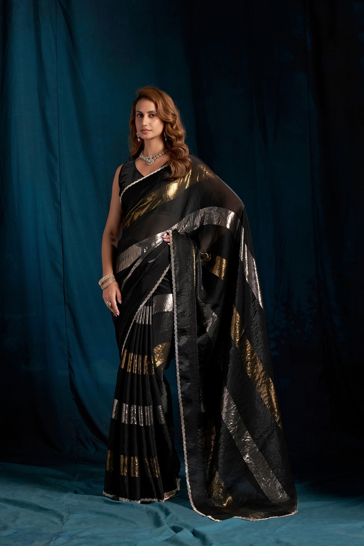 Luxury Black Satin Silk Foil Patta Heavy Hand Work Zircon Saree for Women