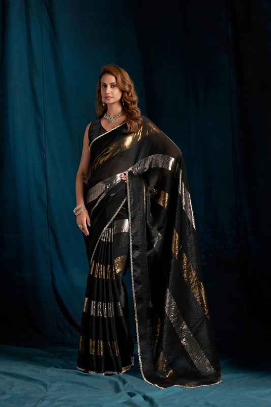 Luxury Black Satin Silk Foil Patta Heavy Hand Work Zircon Saree for Women