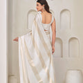 Stylish White Satin Silk Foil Patta Heavy Hand Work Zircon Saree for Women