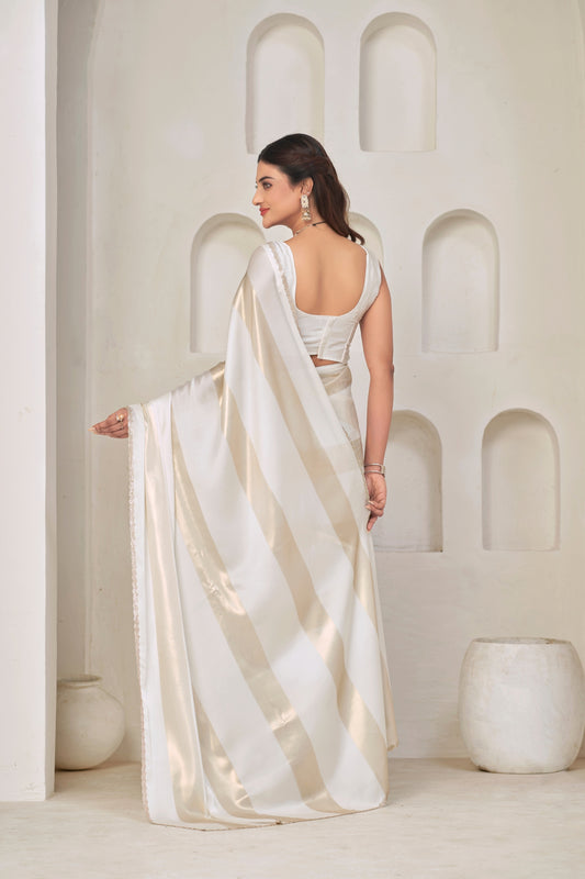 Stylish White Satin Silk Foil Patta Heavy Hand Work Zircon Saree for Women