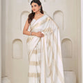 Stylish White Satin Silk Foil Patta Heavy Hand Work Zircon Saree for Women