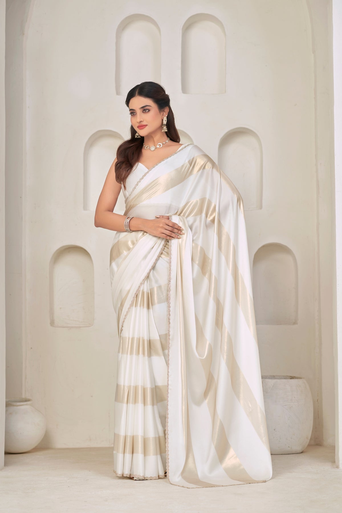 Stylish White Satin Silk Foil Patta Heavy Hand Work Zircon Saree for Women
