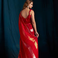 Stunning Red Satin Silk Foil Patta Heavy Hand Work Zircon Saree for Women