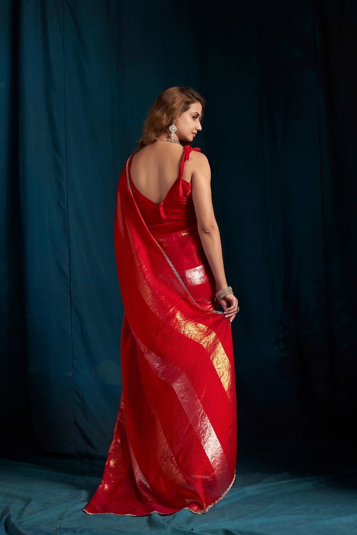Stunning Red Satin Silk Foil Patta Heavy Hand Work Zircon Saree for Women