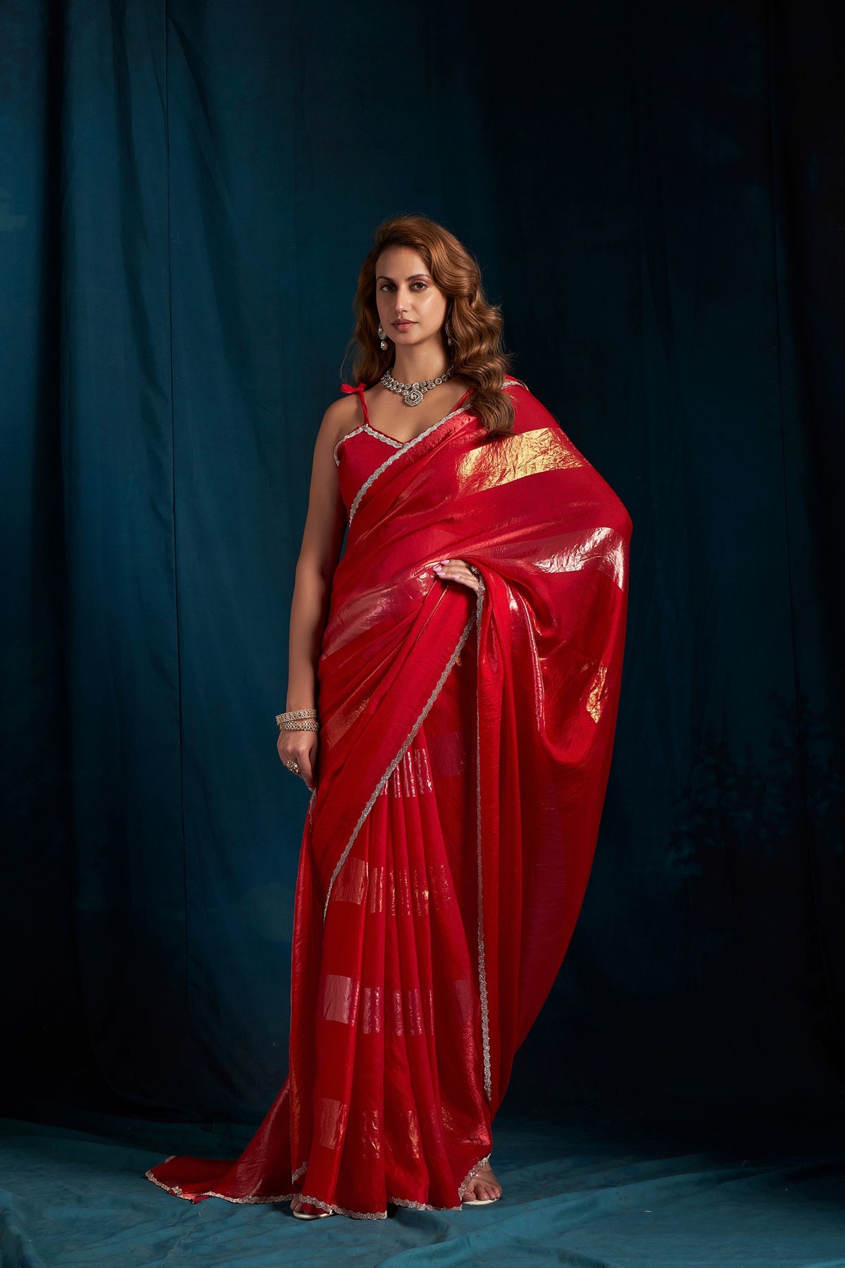 Stunning Red Satin Silk Foil Patta Heavy Hand Work Zircon Saree for Women