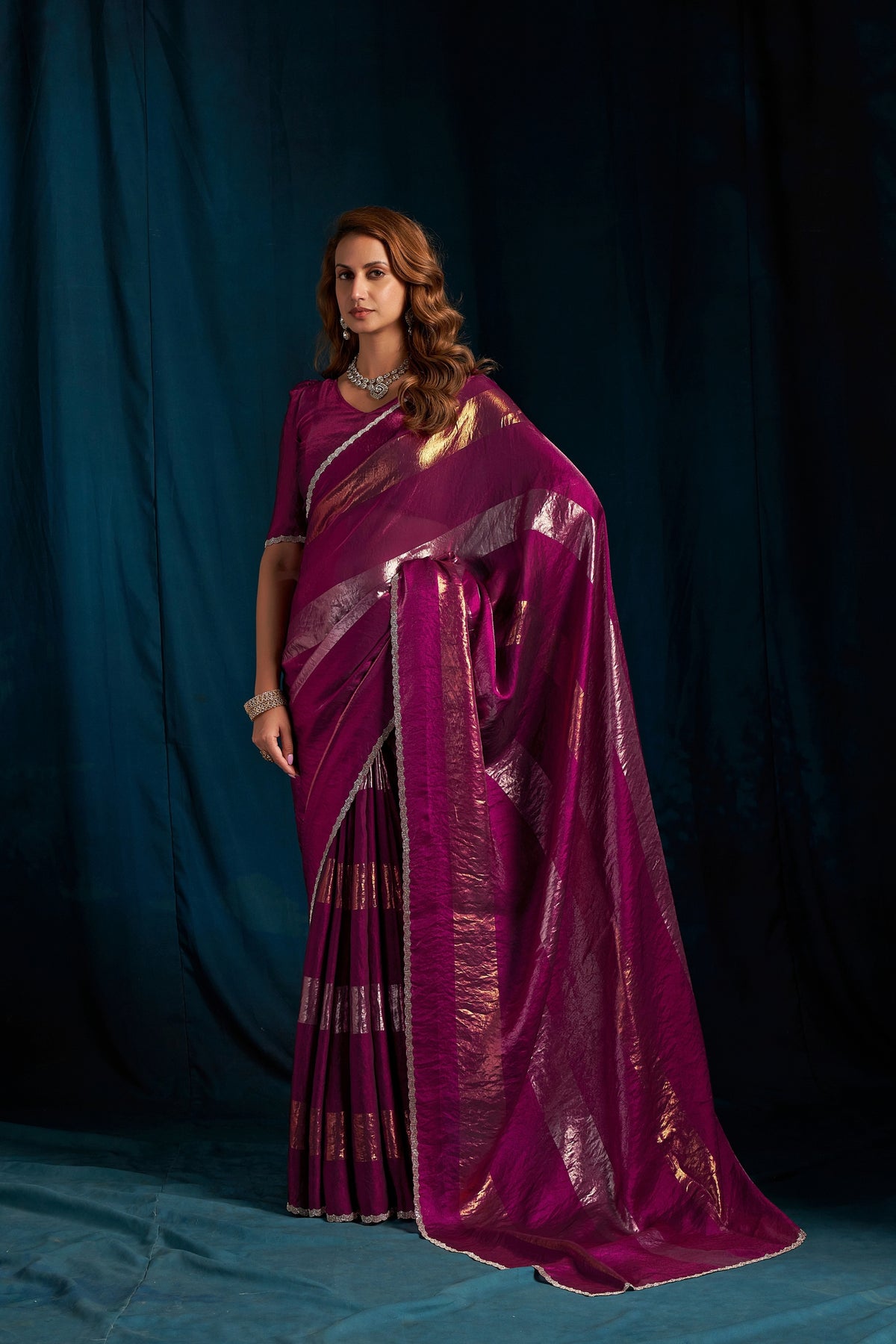 Gorgeous Rani Pink Satin Silk Foil Patta Heavy Hand Work Zircon Saree for Women