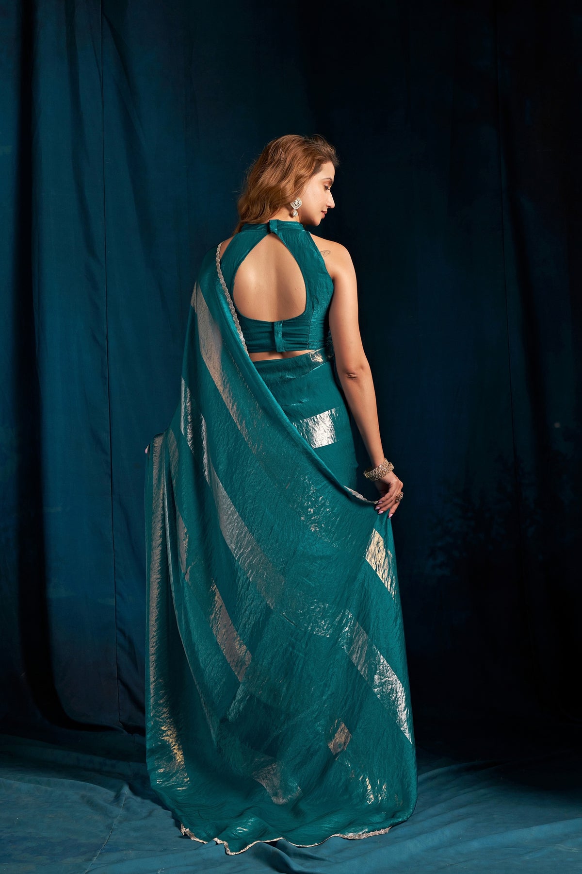 Grateful Teal Green Satin Silk Foil Patta Heavy Hand Work Zircon Saree for Women