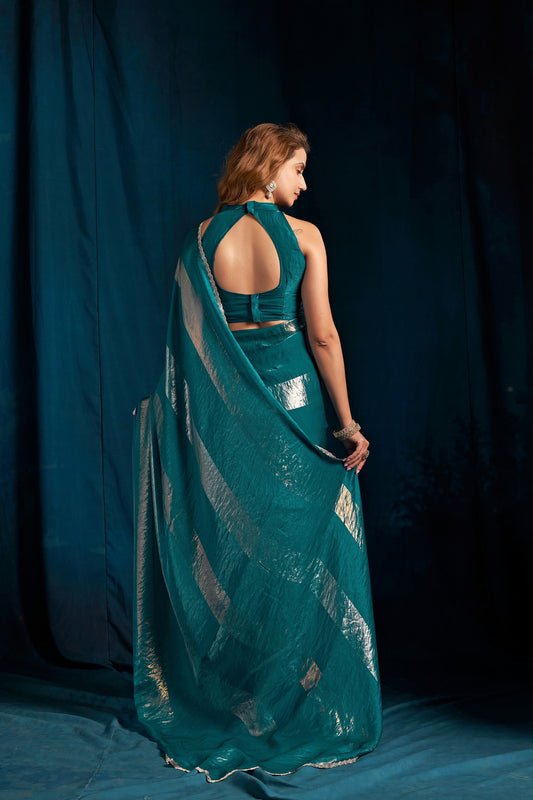 Grateful Teal Green Satin Silk Foil Patta Heavy Hand Work Zircon Saree for Women