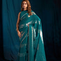Grateful Teal Green Satin Silk Foil Patta Heavy Hand Work Zircon Saree for Women