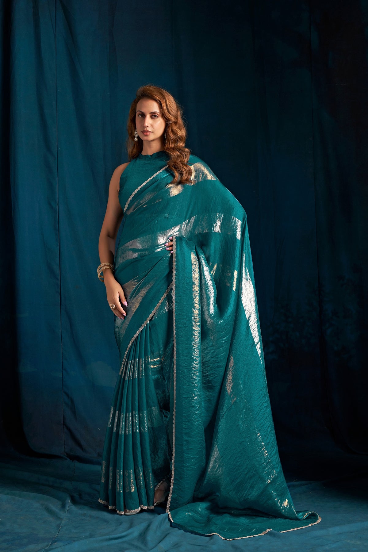 Grateful Teal Green Satin Silk Foil Patta Heavy Hand Work Zircon Saree for Women