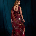 Beautiful Wine Satin Silk Foil Patta Heavy Hand Work Zircon Saree for Women