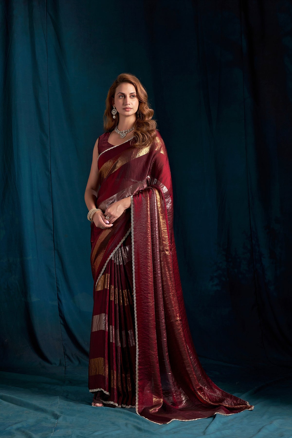 Beautiful Wine Satin Silk Foil Patta Heavy Hand Work Zircon Saree for Women