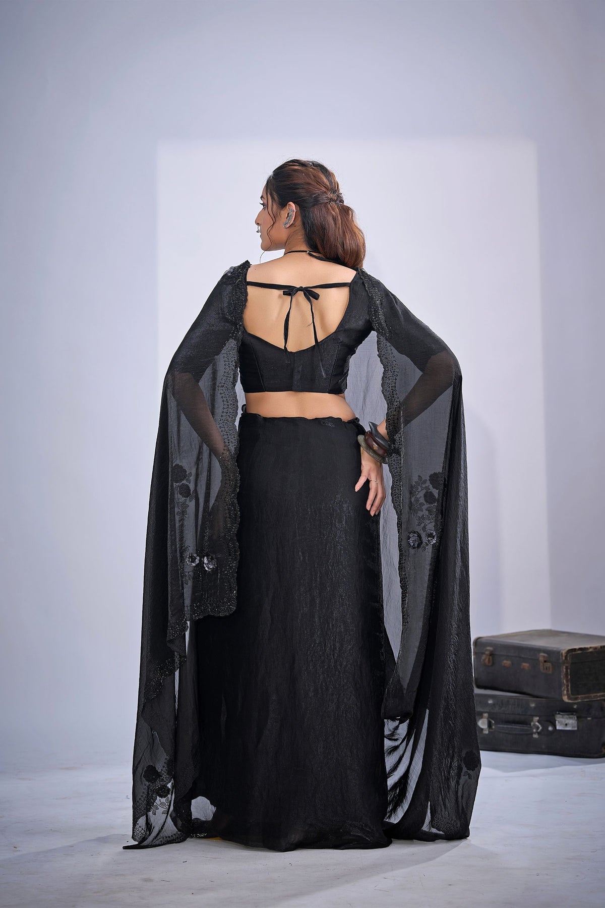 Elegant Black Fendy Satin Silk Two-Tone Hand Work Zircon Saree for Women