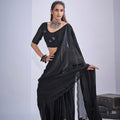 Elegant Black Fendy Satin Silk Two-Tone Hand Work Zircon Saree for Women