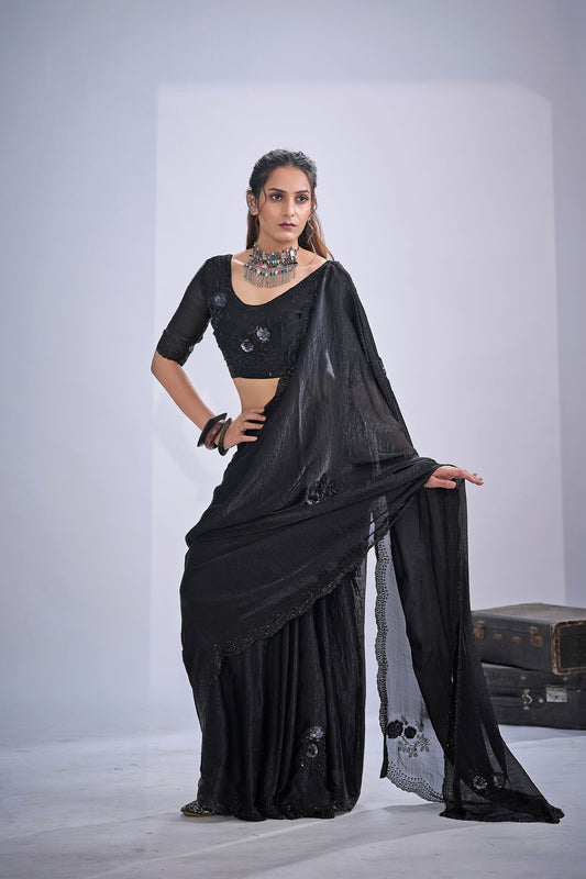 Elegant Black Fendy Satin Silk Two-Tone Hand Work Zircon Saree for Women