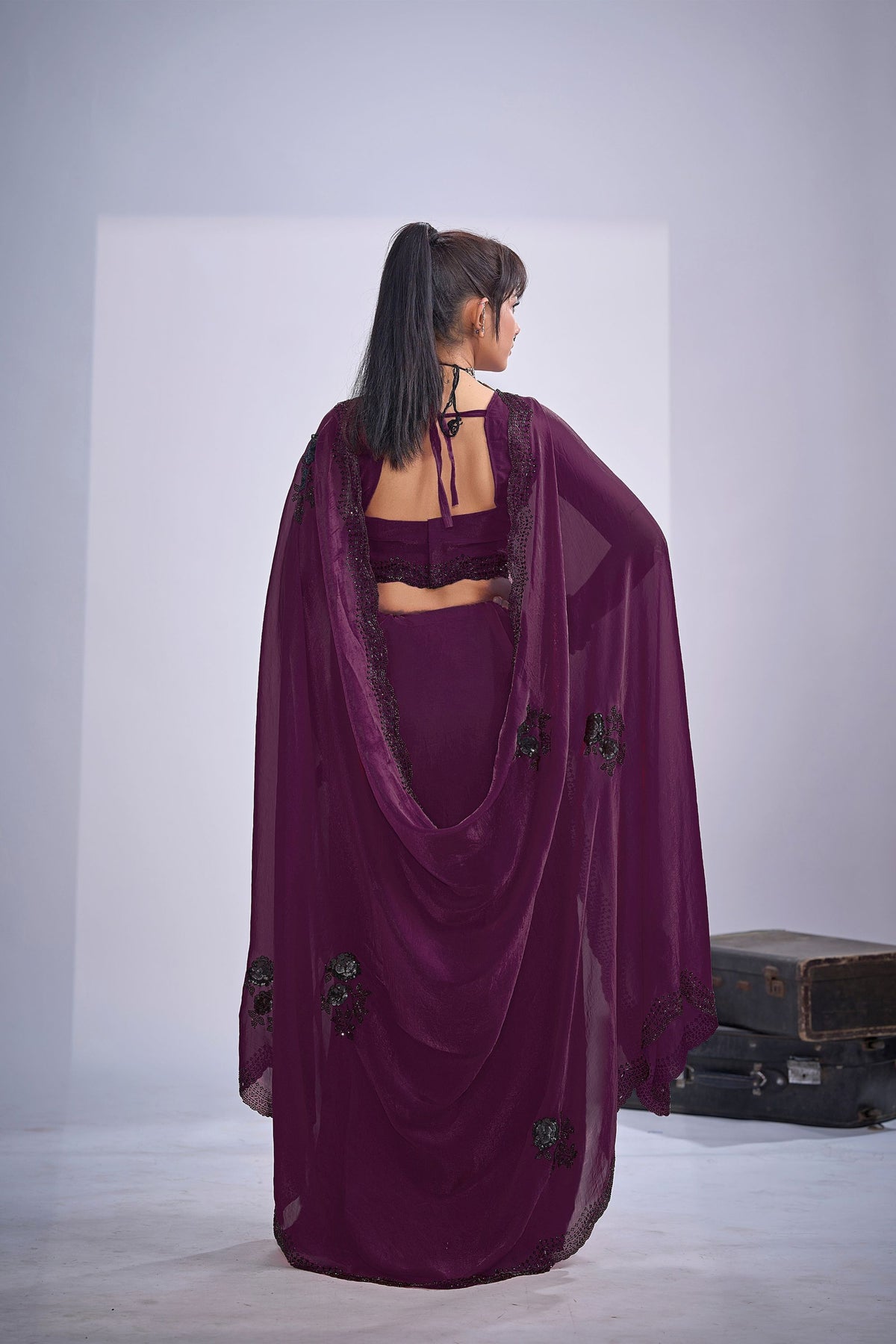 Lovely Wine Fendy Satin Silk Two-Tone Heavy Hand Work Zircon Saree for Women