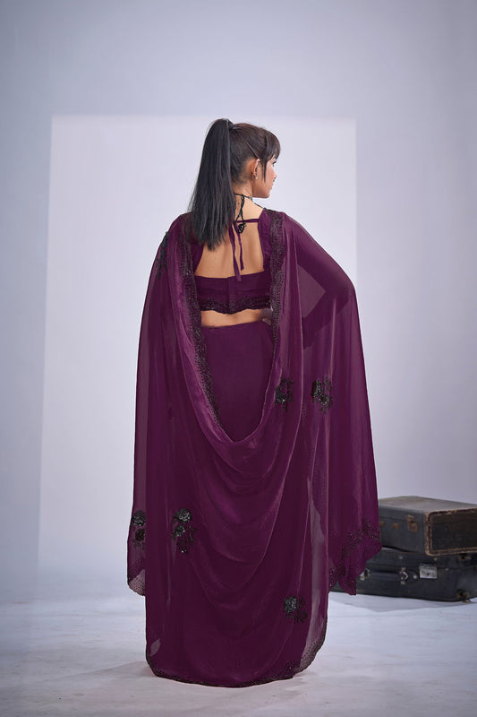 Lovely Wine Fendy Satin Silk Two-Tone Heavy Hand Work Zircon Saree for Women
