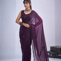 Lovely Wine Fendy Satin Silk Two-Tone Heavy Hand Work Zircon Saree for Women