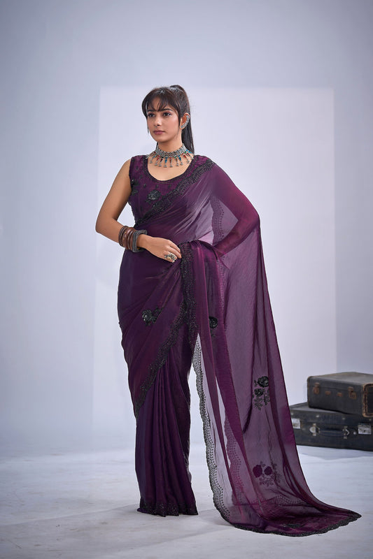 Lovely Wine Fendy Satin Silk Two-Tone Heavy Hand Work Zircon Saree for Women