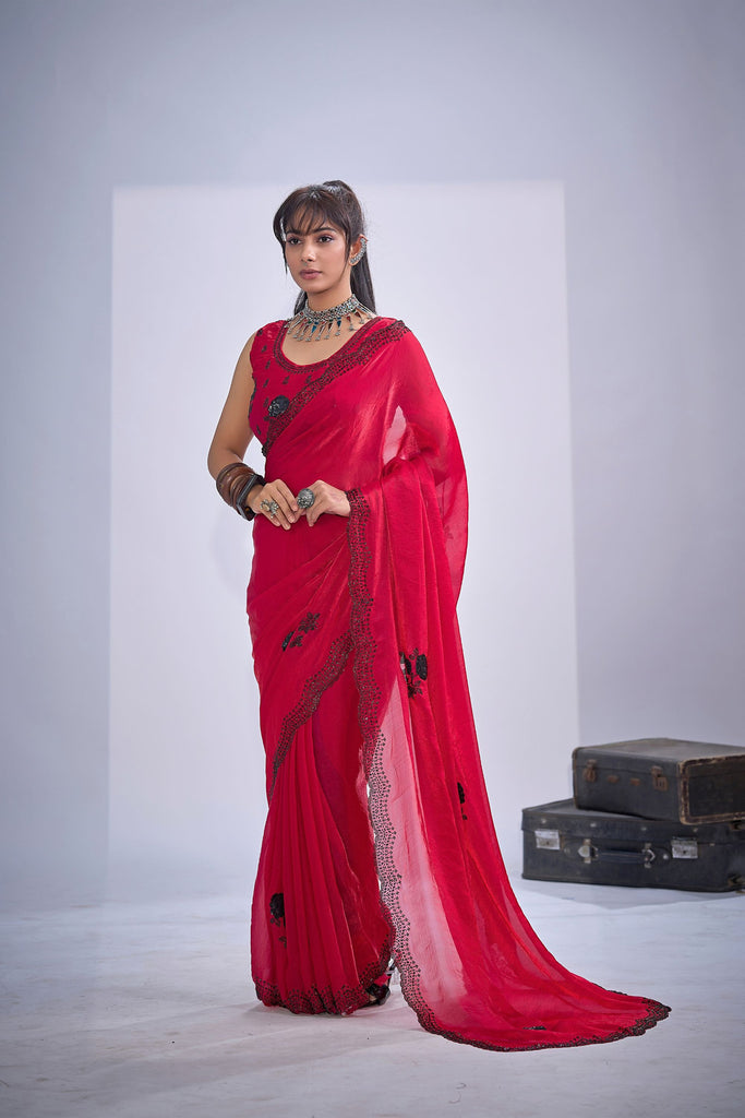 Stunning Rani Pink Fendy Satin Silk Two-Tone Heavy Hand Work Zircon Saree for Women