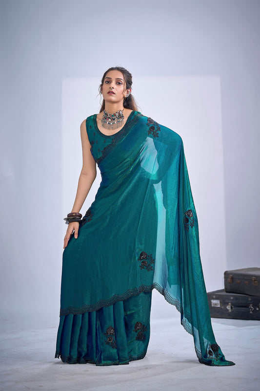 Graceful Teal Green Fendy Satin Silk Two-Tone Heavy Hand Work Zircon Saree for Women