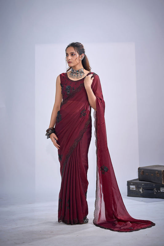 Premium Maroon Fendy Satin Silk Two-Tone Heavy Hand Work Zircon Saree for Women