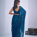 Royal Teal Blue Fendy Satin Silk Two-Tone Heavy Hand Work Zircon Saree for Women