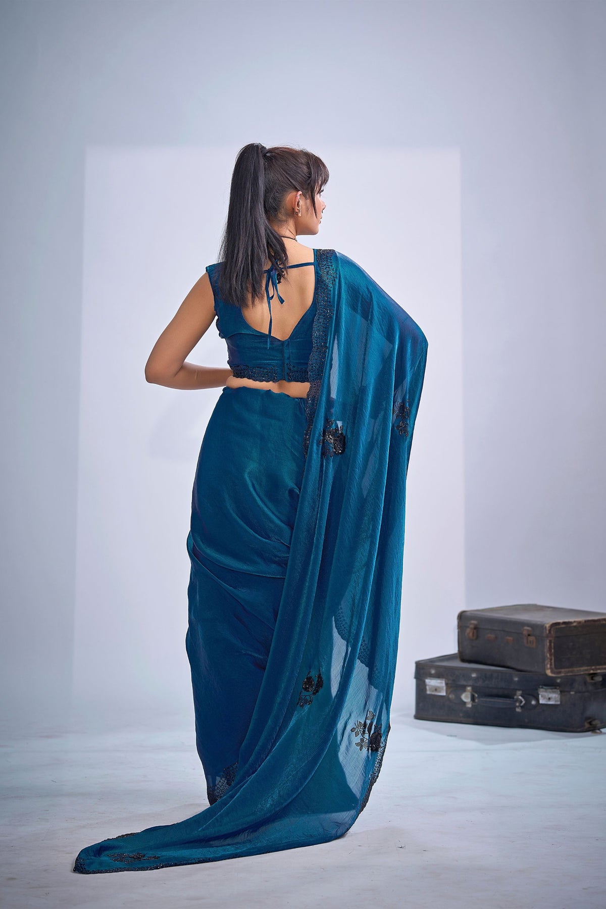Royal Teal Blue Fendy Satin Silk Two-Tone Heavy Hand Work Zircon Saree for Women