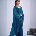 Royal Teal Blue Fendy Satin Silk Two-Tone Heavy Hand Work Zircon Saree for Women