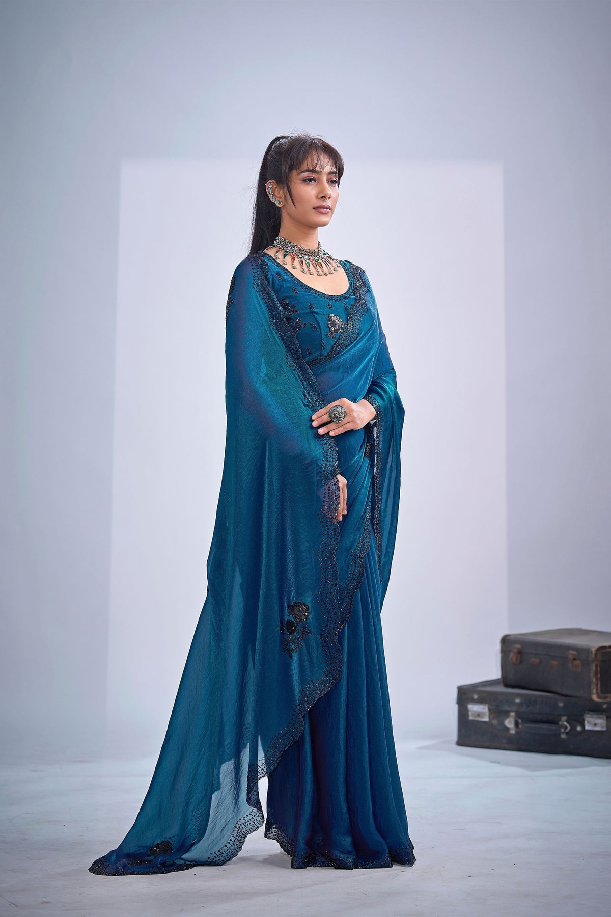 Royal Teal Blue Fendy Satin Silk Two-Tone Heavy Hand Work Zircon Saree for Women