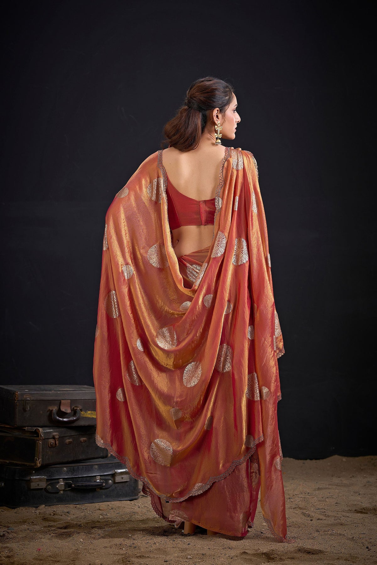 Stylish Peach Fendy Satin Silk Two-Tone Hand Work Zircon Saree for Women