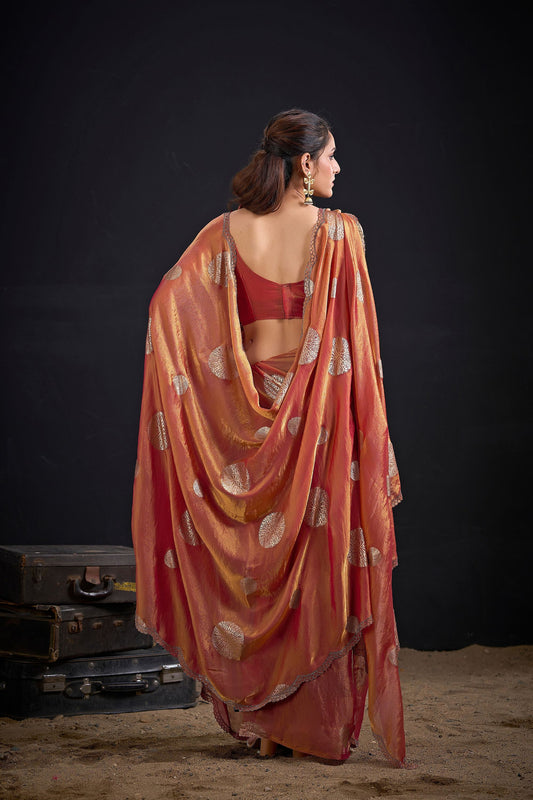 Stylish Peach Fendy Satin Silk Two-Tone Hand Work Zircon Saree for Women