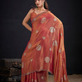 Stylish Peach Fendy Satin Silk Two-Tone Hand Work Zircon Saree for Women