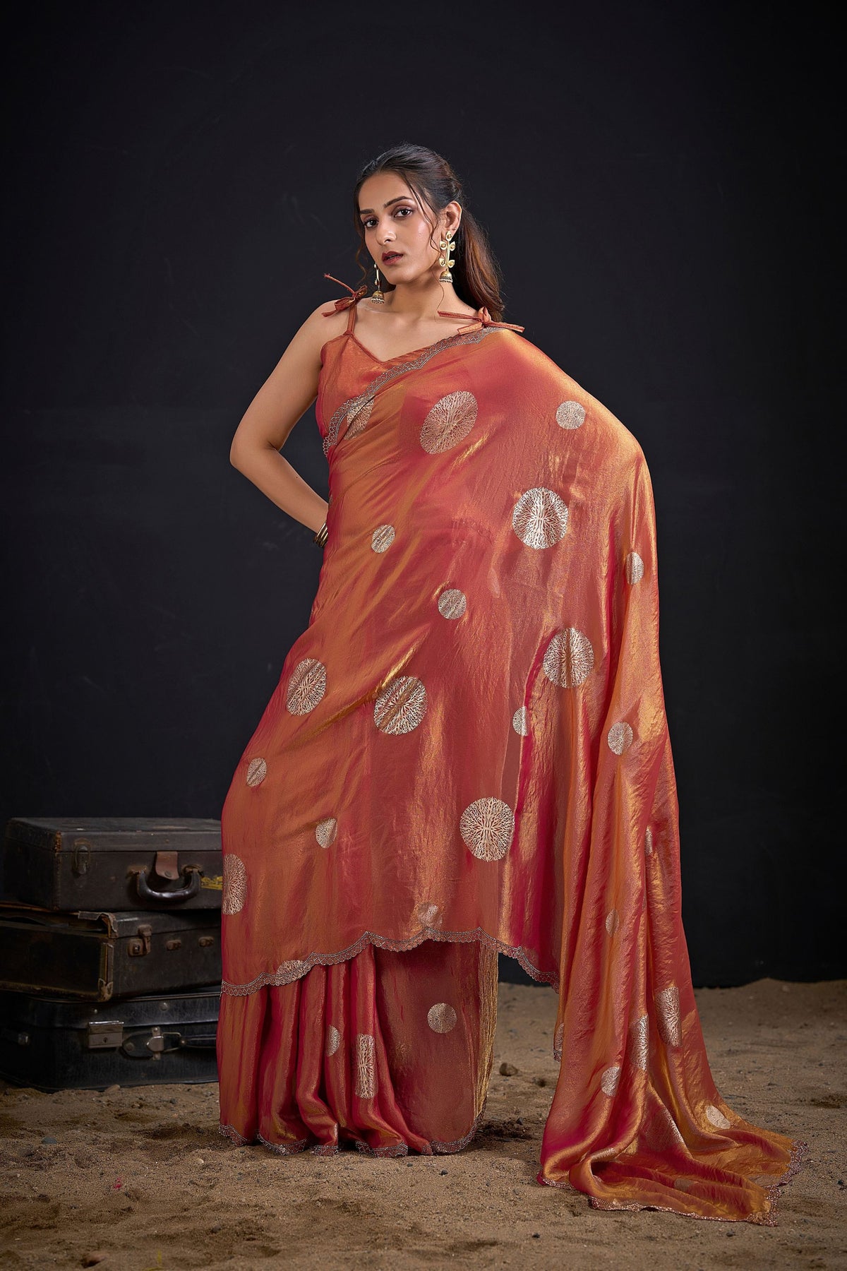 Stylish Peach Fendy Satin Silk Two-Tone Hand Work Zircon Saree for Women