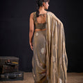 Premium Beige Fendy Satin Silk Two-Tone Heavy Hand Work Zircon Saree for Women