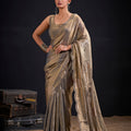 Premium Beige Fendy Satin Silk Two-Tone Heavy Hand Work Zircon Saree for Women