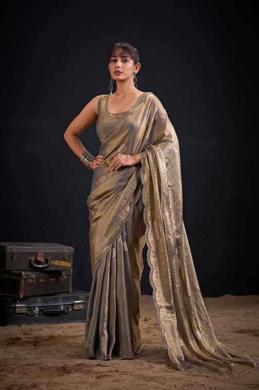 Premium Beige Fendy Satin Silk Two-Tone Heavy Hand Work Zircon Saree for Women