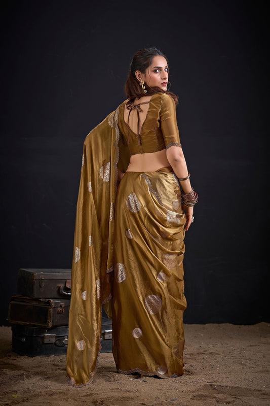 Royal Golden Fendy Satin Silk Two-Tone Heavy Hand Work Zircon Saree for Women