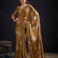 Royal Golden Fendy Satin Silk Two-Tone Heavy Hand Work Zircon Saree for Women