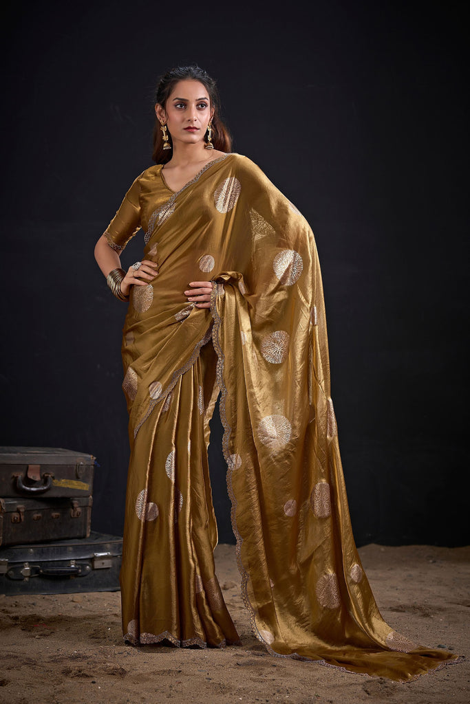 Royal Golden Fendy Satin Silk Two-Tone Heavy Hand Work Zircon Saree for Women