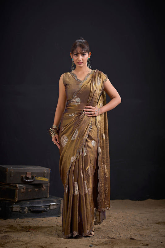 Luxury Bronze Fendy Satin Silk Two-Tone Heavy Hand Work Zircon Saree for Women
