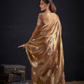 Gorgeous Gold Fendy Satin Silk Two-Tone Heavy Hand Work Zircon Saree for Women