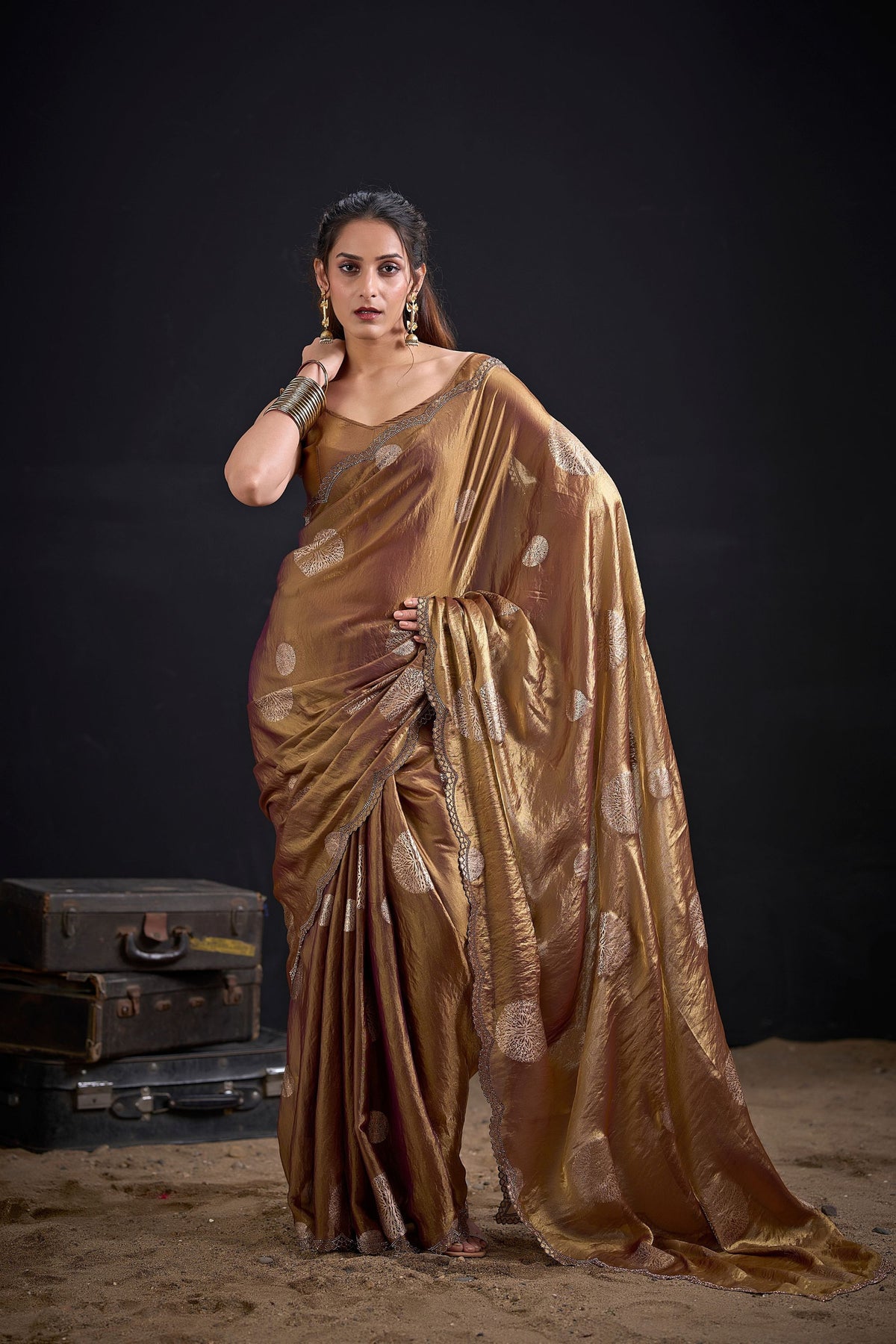 Gorgeous Gold Fendy Satin Silk Two-Tone Heavy Hand Work Zircon Saree for Women