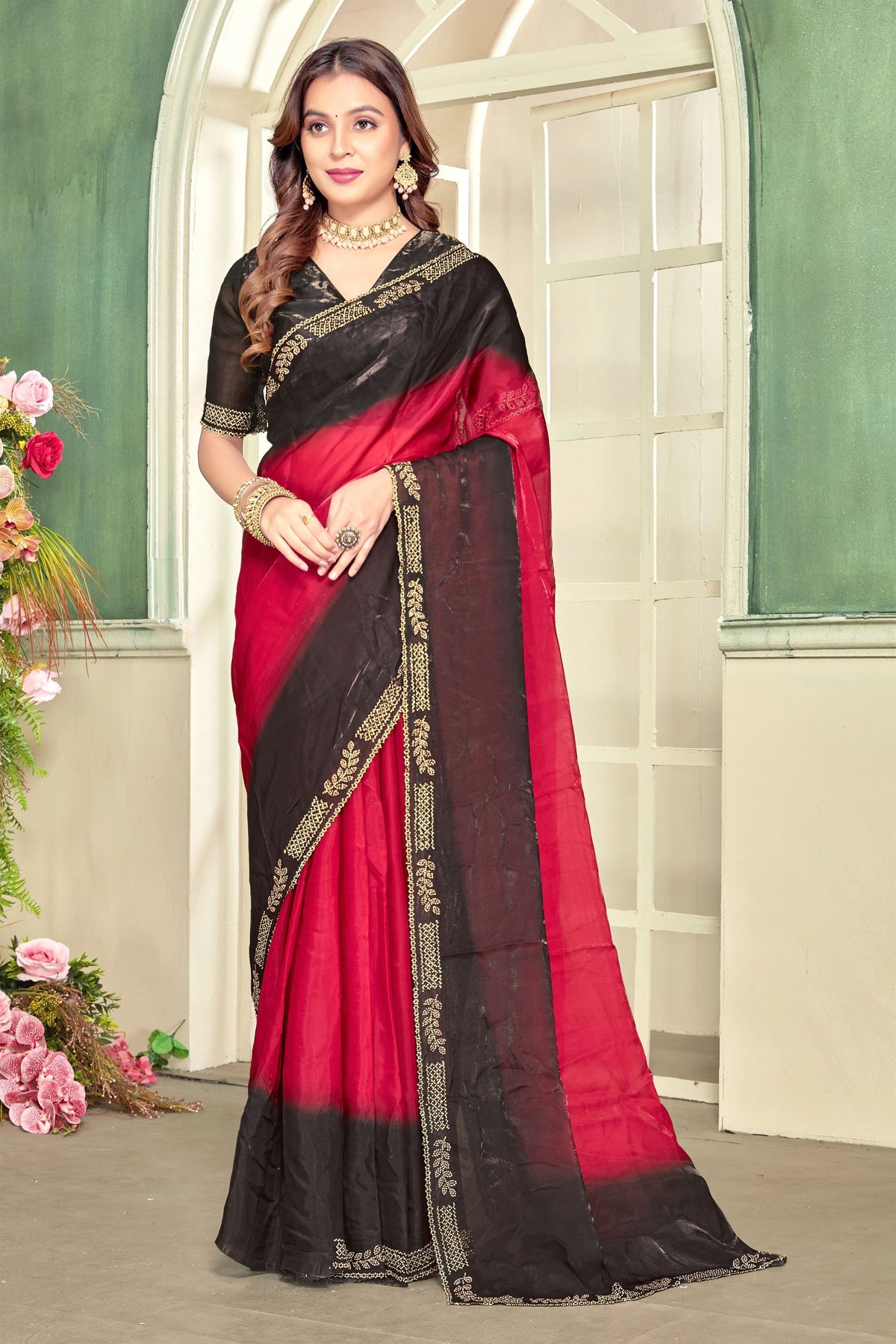 Elegant Red Fendy Satin Silk Heavy Zircon Cut Work Saree for Women