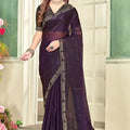 Stylish Purple Fendy Satin Silk Heavy Zircon Cut Work Saree for Women