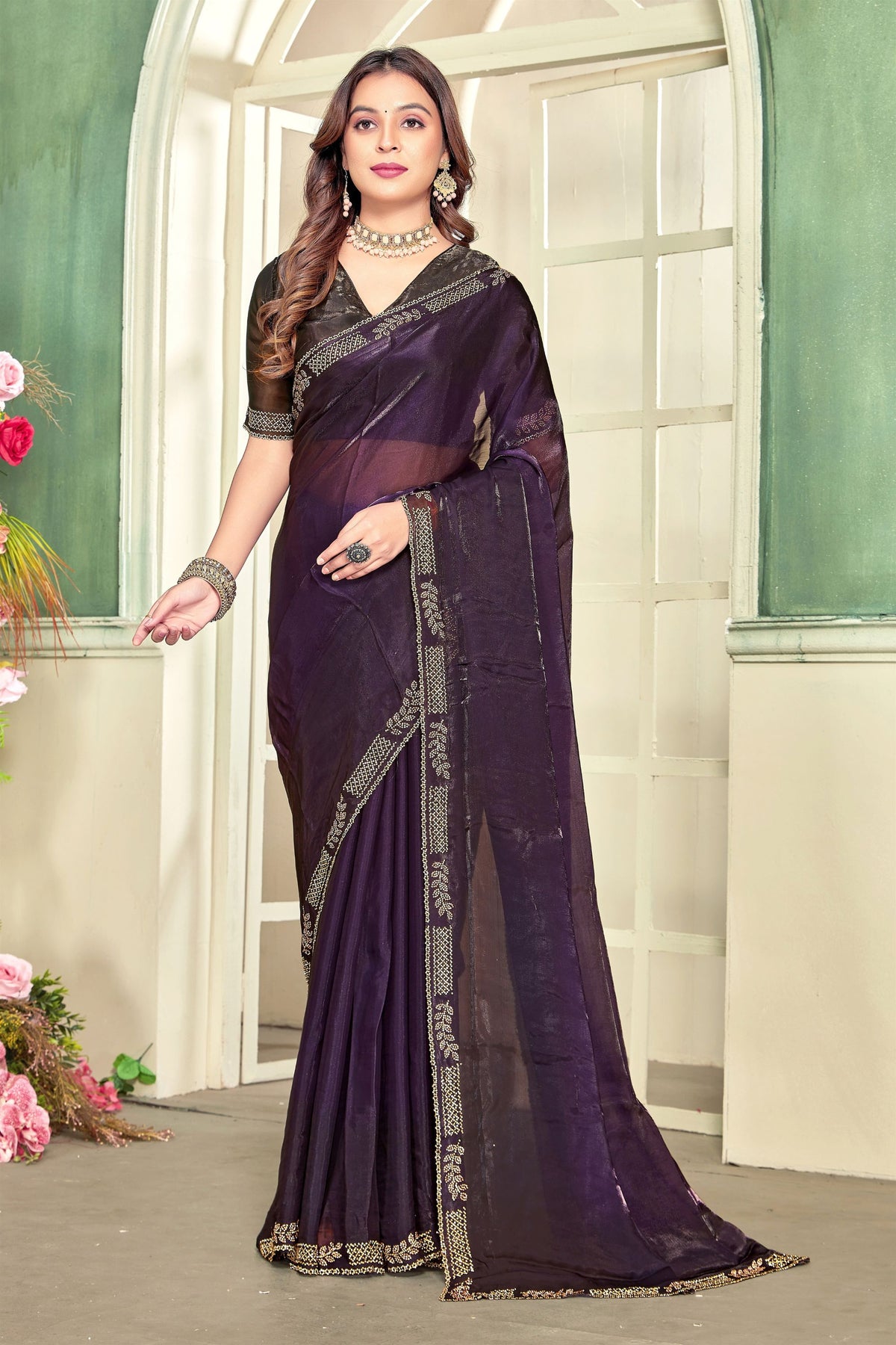 Stylish Purple Fendy Satin Silk Heavy Zircon Cut Work Saree for Women