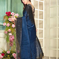 Royal Navy Blue Fendy Satin Silk Heavy Zircon Cut Work Saree for Women
