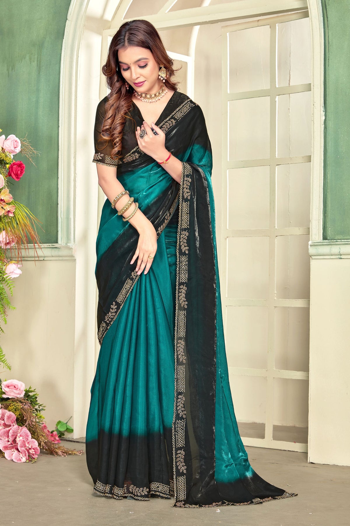 Graceful Teal Green Fendy Satin Silk Zircon Cut Work Saree for Women