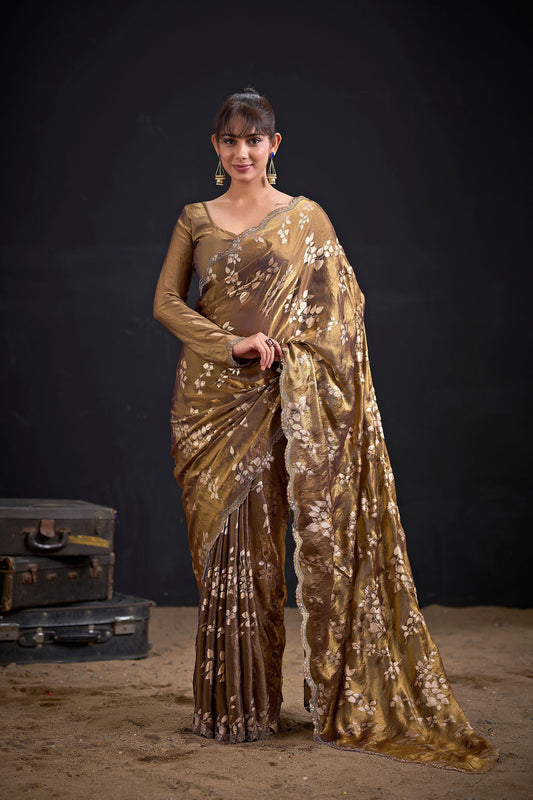 Elegant Golden Fendy Silk Two-Tone Hand Work Zircon Saree for Women